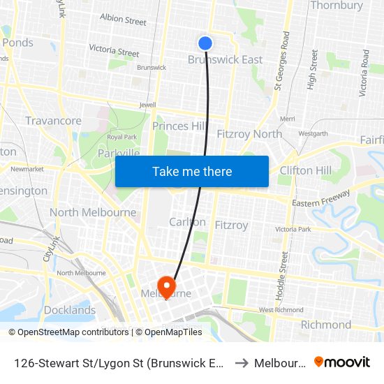 126-Stewart St/Lygon St (Brunswick East) to Melbourne map