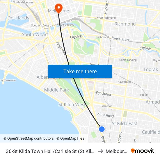 36-St Kilda Town Hall/Carlisle St (St Kilda) to Melbourne map