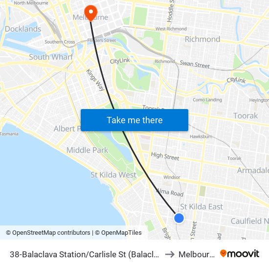 38-Balaclava Station/Carlisle St (Balaclava) to Melbourne map