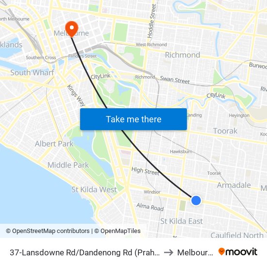 37-Lansdowne Rd/Dandenong Rd (Prahran) to Melbourne map