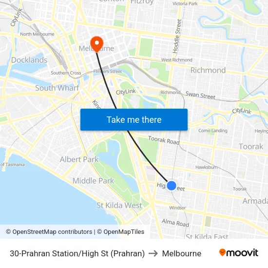 Prahran Station/High St #30 to Melbourne map
