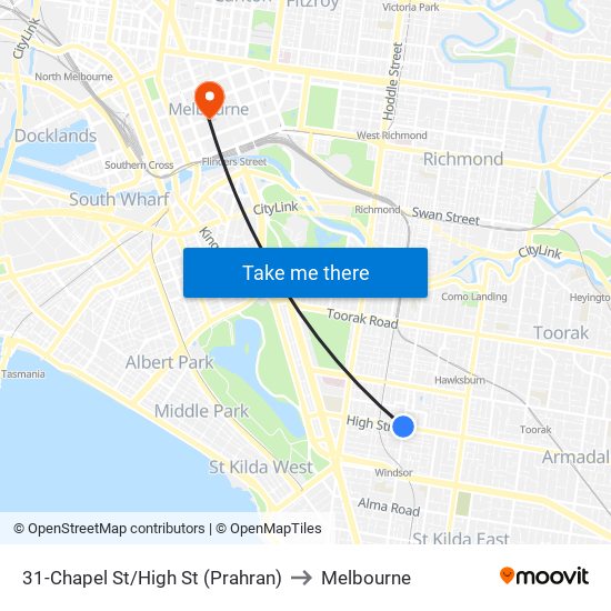 31-Chapel St/High St (Prahran) to Melbourne map