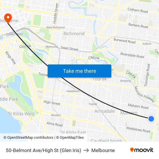 50-Belmont Ave/High St (Glen Iris) to Melbourne map