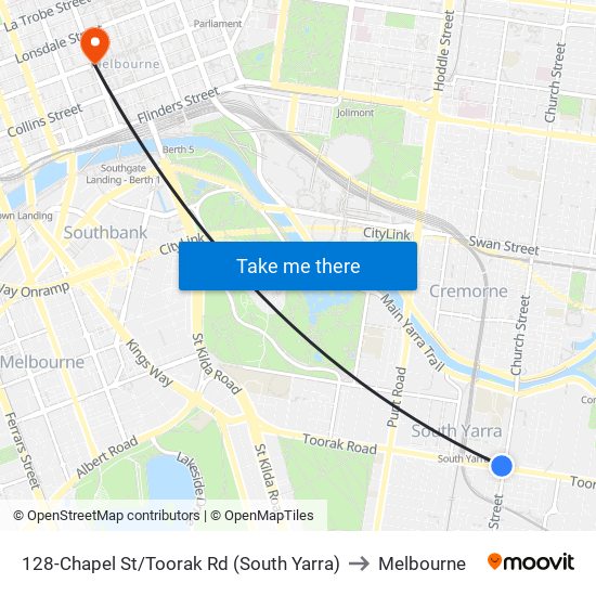 128-Chapel St/Toorak Rd (South Yarra) to Melbourne map