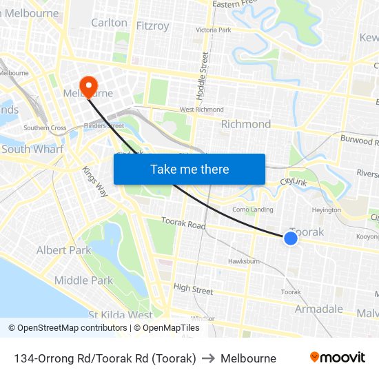 134-Orrong Rd/Toorak Rd (Toorak) to Melbourne map