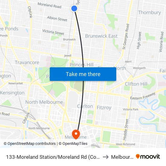 133-Moreland Station/Moreland Rd (Coburg) to Melbourne map