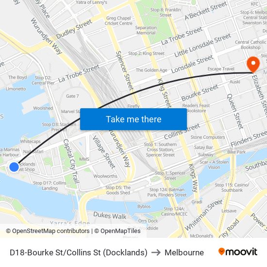 D18-Bourke St/Collins St (Docklands) to Melbourne map