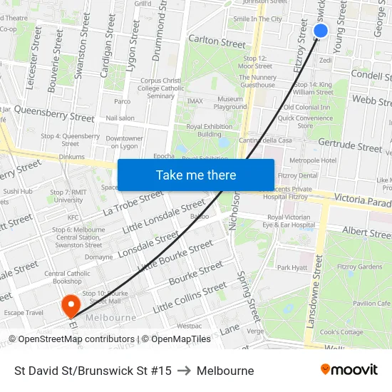 St David St/Brunswick St #15 to Melbourne map