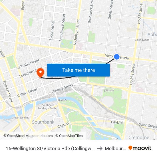 16-Wellington St/Victoria Pde (Collingwood) to Melbourne map