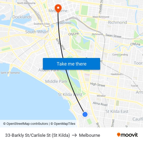 33-Barkly St/Carlisle St (St Kilda) to Melbourne map