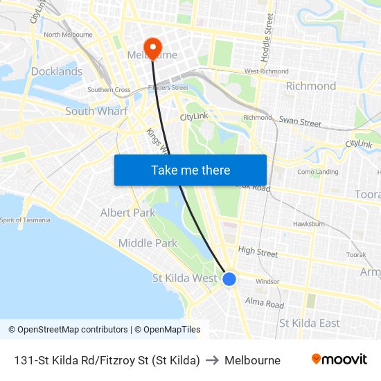 131-St Kilda Rd/Fitzroy St (St Kilda) to Melbourne map