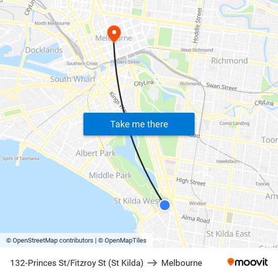132-Princes St/Fitzroy St (St Kilda) to Melbourne map