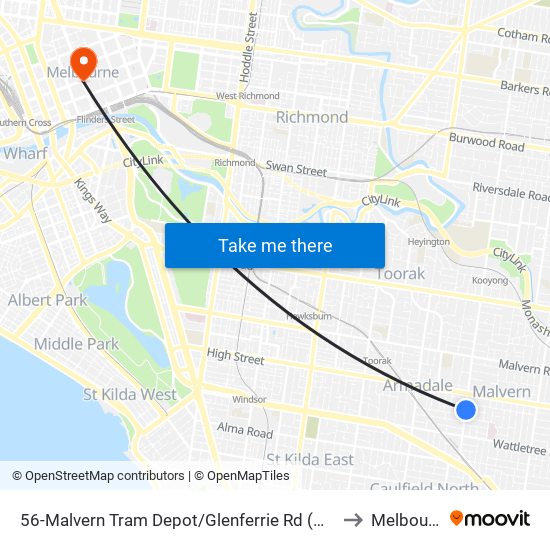 56-Malvern Tram Depot/Glenferrie Rd (Malvern) to Melbourne map