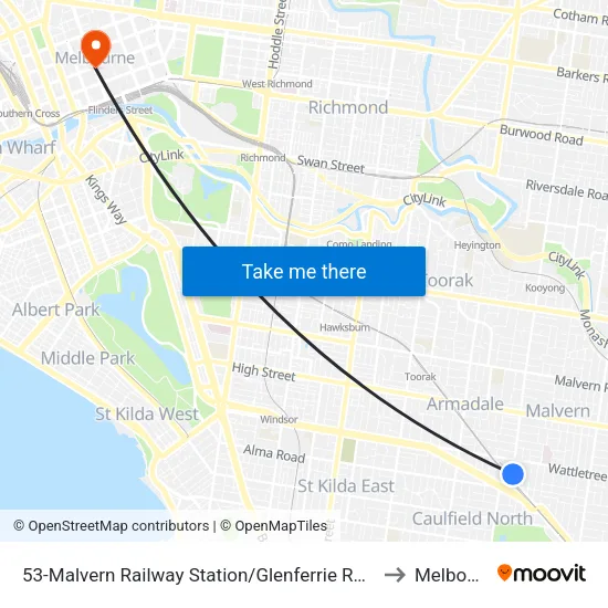 Malvern Railway Station/Glenferrie Rd #53 to Melbourne map