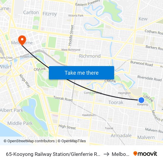 65-Kooyong Railway Station/Glenferrie Rd (Kooyong) to Melbourne map