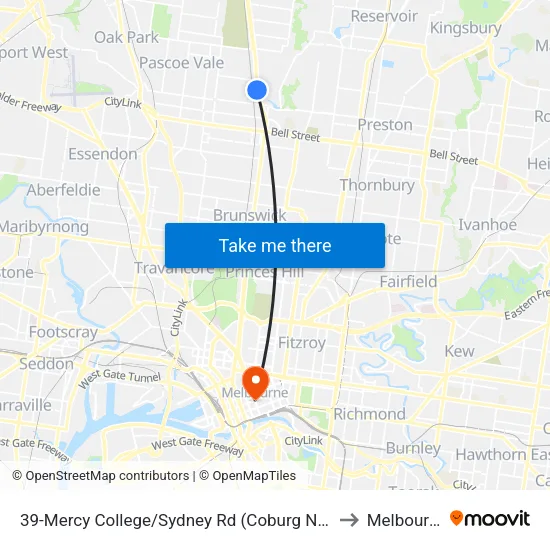 Mercy College/Sydney Rd #39 to Melbourne map