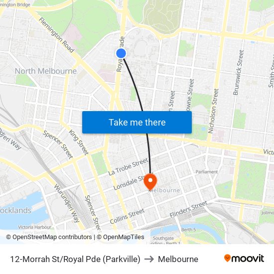 12-Morrah St/Royal Pde (Parkville) to Melbourne map