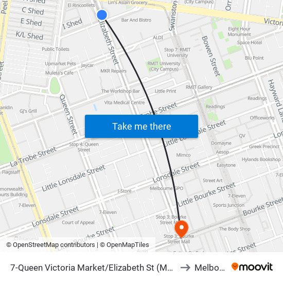 7-Queen Victoria Market/Elizabeth St (Melbourne City) to Melbourne map