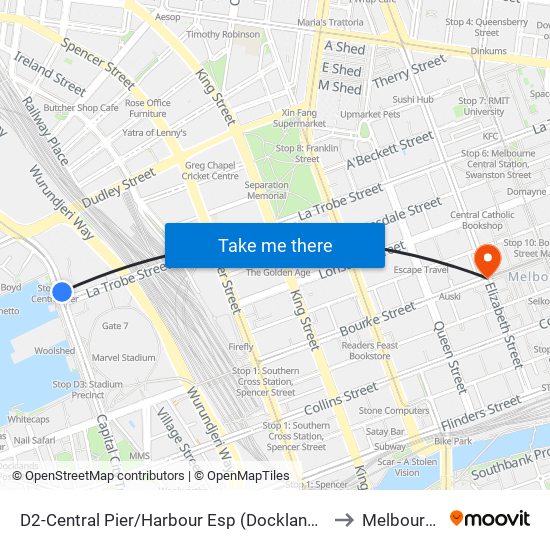 D2-Central Pier/Harbour Esp (Docklands) to Melbourne map