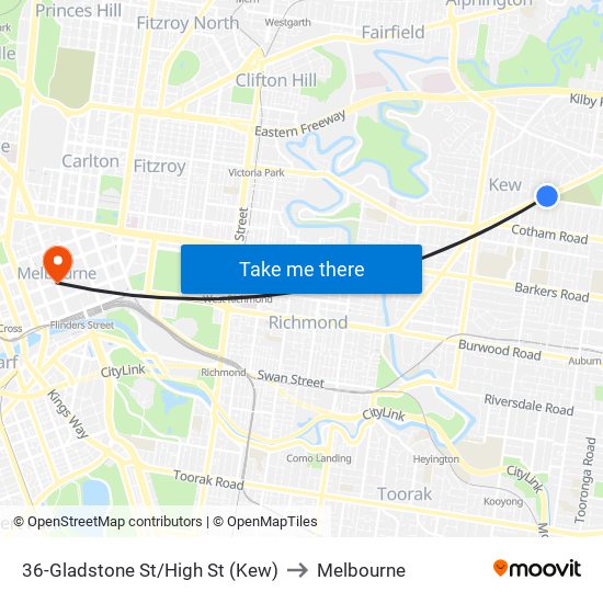 36-Gladstone St/High St (Kew) to Melbourne map