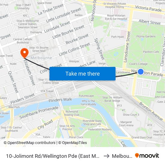 10-Jolimont Rd/Wellington Pde (East Melbourne) to Melbourne map