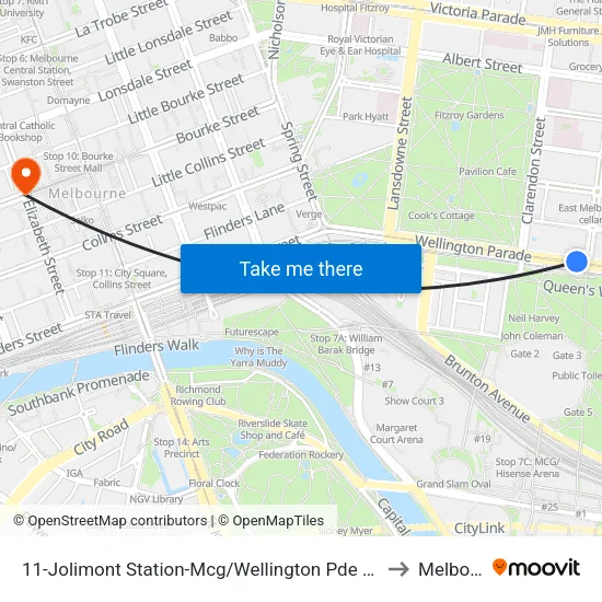 Jolimont Station-Mcg/Wellington Pde #11 to Melbourne map