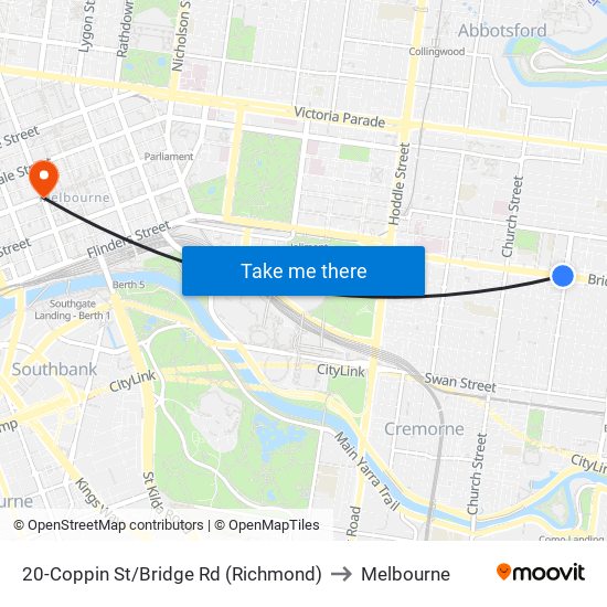 20-Coppin St/Bridge Rd (Richmond) to Melbourne map