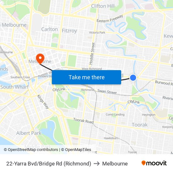 22-Yarra Bvd/Bridge Rd (Richmond) to Melbourne map
