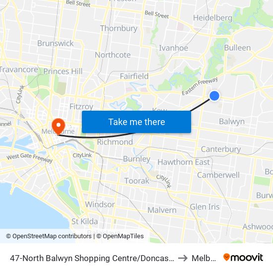 47-North Balwyn Shopping Centre/Doncaster Rd (Balwyn North) to Melbourne map