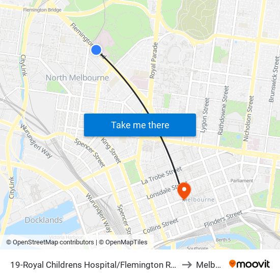 19-Royal Childrens Hospital/Flemington Rd (North Melbourne) to Melbourne map