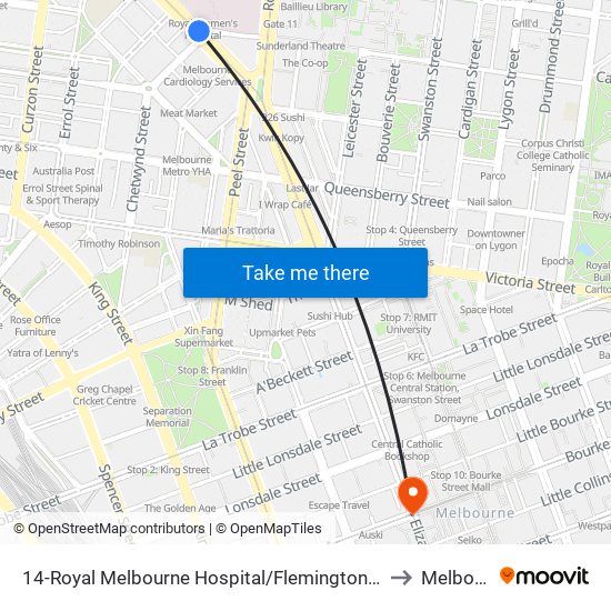 14-Royal Melbourne Hospital/Flemington Rd (Parkville) to Melbourne map