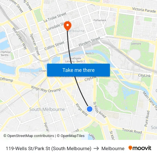 Wells St/Park St #119 to Melbourne map