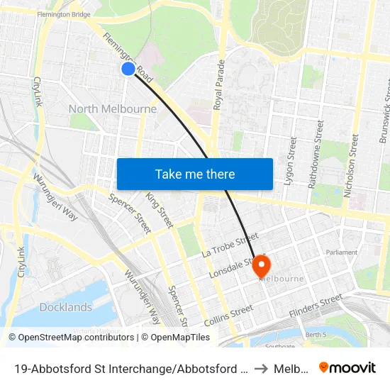 Abbotsford St Interchange/Abbotsford St #19 to Melbourne map