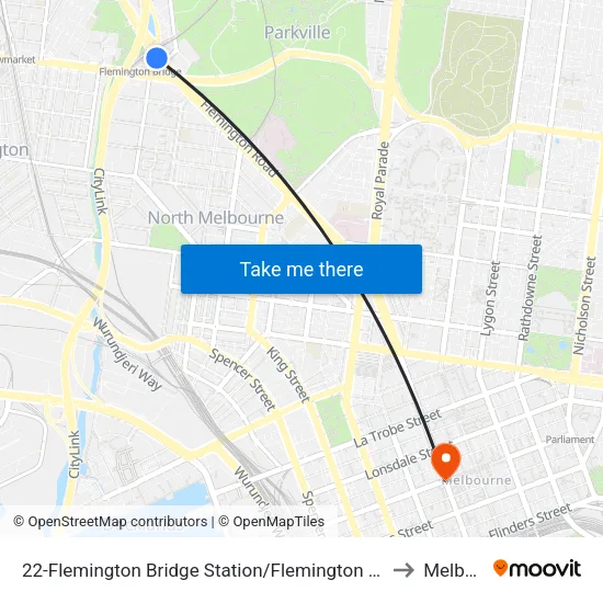 Flemington Bridge Station/Flemington Rd #22 to Melbourne map