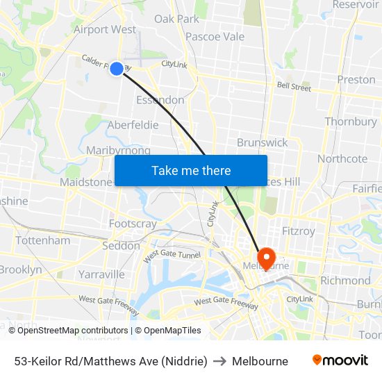 53-Keilor Rd/Matthews Ave (Niddrie) to Melbourne map