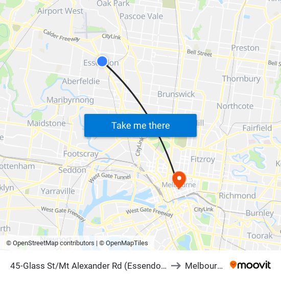 45-Glass St/Mt Alexander Rd (Essendon) to Melbourne map