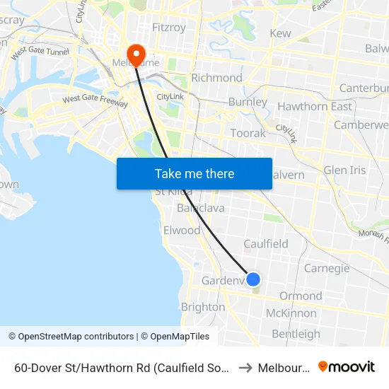 Dover St/Hawthorn Rd #60 to Melbourne map