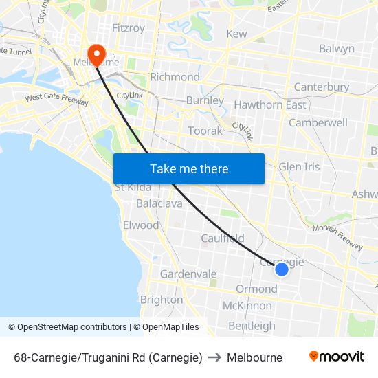 68-Carnegie/Truganini Rd (Carnegie) to Melbourne map