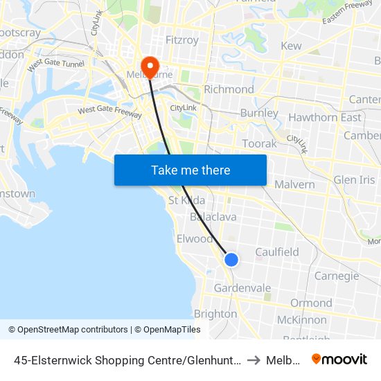 45-Elsternwick Shopping Centre/Glenhuntly Rd (Elsternwick) to Melbourne map