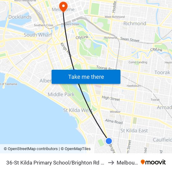 36-St Kilda Primary School/Brighton Rd (Elwood) to Melbourne map