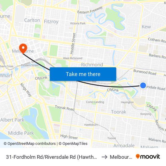 31-Fordholm Rd/Riversdale Rd (Hawthorn) to Melbourne map