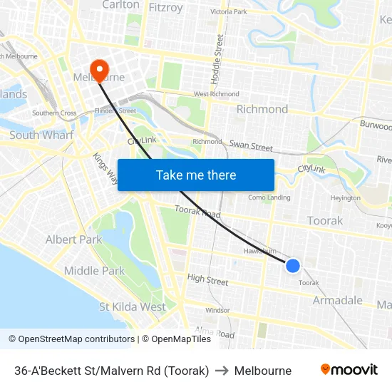 A'Beckett St/Malvern Rd #36 to Melbourne map
