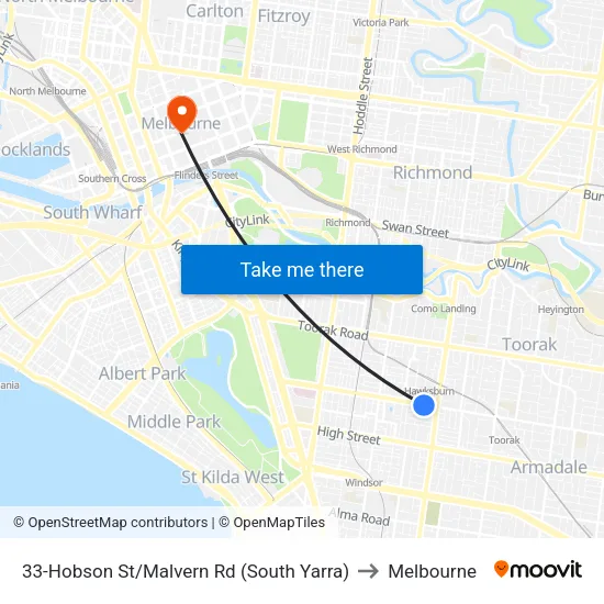 Hobson St/Malvern Rd #33 to Melbourne map