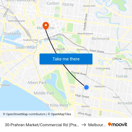 Prahran Market/Commercial Rd #30 to Melbourne map