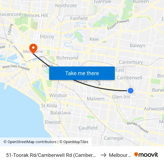 Toorak Rd/Camberwell Rd #51 to Melbourne map