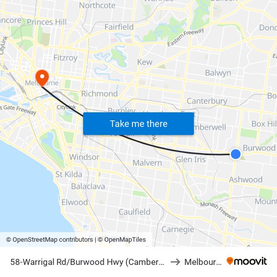 58-Warrigal Rd/Burwood Hwy (Camberwell) to Melbourne map