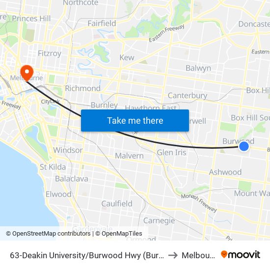 63-Deakin University/Burwood Hwy (Burwood) to Melbourne map