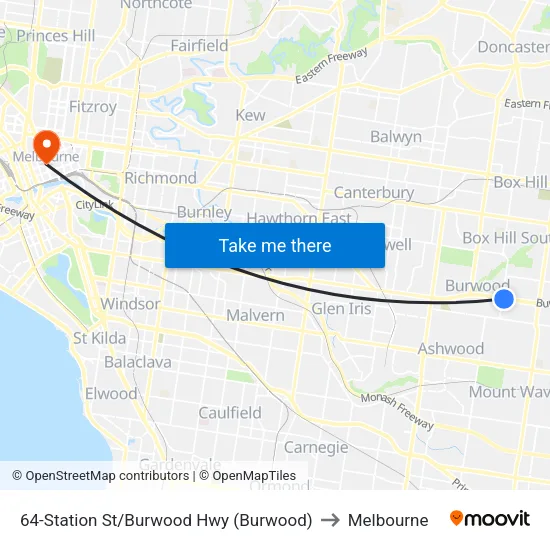 Station St/Burwood Hwy #64 to Melbourne map