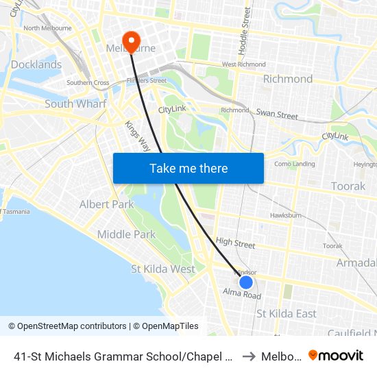 41-St Michaels Grammar School/Chapel St (St Kilda East) to Melbourne map