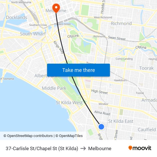 37-Carlisle St/Chapel St (St Kilda) to Melbourne map